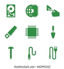 Hardware icons set. set of 9 hardware filled icons such as saw, nail, trowel, wire, cpu, hard disc