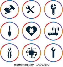 Hardware icons set. set of 9 hardware filled icons such as wrench, pliers, hummer, wrench and screwdriver, trowel, router, cpu