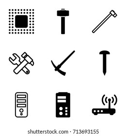 Hardware icons set. set of 9 hardware filled and outline icons such as nail, garden hammer, chip, router, hammer, cpu, hummer and wrench