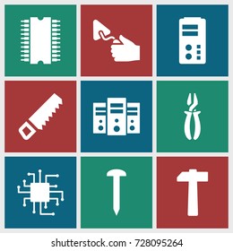 Hardware icons set. set of 9 hardware filled icons such as saw, nail, pliers, trowel, hammer, cpu, cpu