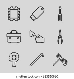 Hardware icons set. set of 9 hardware outline icons such as hammer, toolbox, screwdriver, pliers, trowel, garden hammer, flash drive, CPU in tree