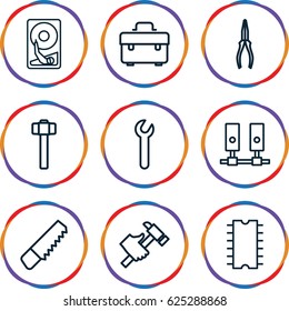 Hardware icons set. set of 9 hardware outline icons such as saw, toolbox, pliers, hummer, garden hammer, cpu, wrench, hard disc