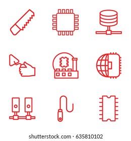 Hardware icons set. set of 9 hardware outline icons such as saw, trowel, wire, cpu, cpu, cpu planet