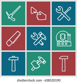 Hardware icons set. set of 9 hardware outline icons such as saw, hummer and wrench, trowel, hummer, wrench and screwdriver, hammer