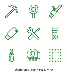 Hardware icons set. set of 9 hardware outline icons such as pliers, wrench and screwdriver, chain saw, usb drive, chip, hammer, cpu in tree, cpu