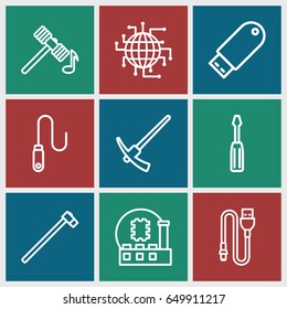 Hardware icons set. set of 9 hardware outline icons such as hammer, screwdriver, garden hammer, flash drive, wire, cpu