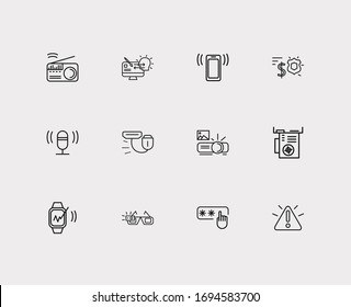 Hardware icons set. Access code and hardware icons with smart watch, warning alert and microphone. Set of painting for web app logo UI design.
