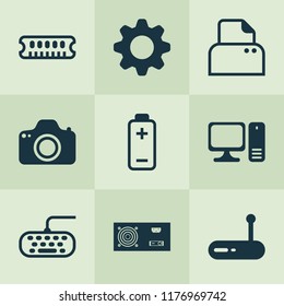 Hardware icons set with accumulator, gear, photocamera and other camera elements. Isolated vector illustration hardware icons.