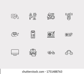 Hardware icons set. Artificial intelligence and hardware icons with system unit, video control and technical support. Set of joystick for web app logo UI design.