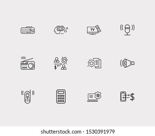 Hardware icons set. Calculator and hardware icons with artificial intelligence, keyboard and secure transaction. Set of musical for web app logo UI design