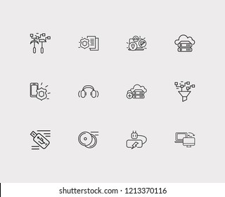 Hardware icons set. Cloud storage lock and hardware icons with cloud storage, dvd and computer widget. Set of audio for web app logo UI design.