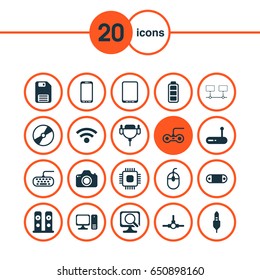 Hardware Icons Set. Collection Of Accumulator Sign, Router, Radio Set And Other Elements. Also Includes Symbols Such As Dskette, Save, Console.
