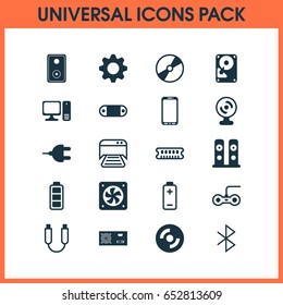 Hardware Icons Set. Collection Of Accumulator Sign, Cd-Rom, Radio Set And Other Elements. Also Includes Symbols Such As Accumulator, Photocopy, Speaker.