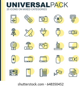 Hardware Icons Set. Collection Of Antenna, Extension Cord, Work Phone And Other Elements. Also Includes Symbols Such As Battery, Phone, Ventilator.