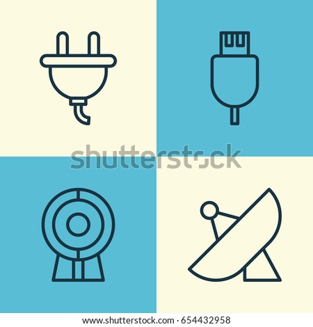 Hardware Icons Set. Collection Of Antenna, Web Discussing, Universal Serial Bus And Other Elements. Also Includes Symbols Such As Web, Electrical, Video.