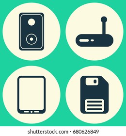Hardware Icons Set. Collection Of Audio Device, Cellphone, Router And Other Elements. Also Includes Symbols Such As Phone, Router, Floppy.