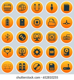 Hardware Icons Set. Collection Of Aux Cord, Vga Cord, Router And Other Elements. Also Includes Symbols Such As Mechanism, Dskette, Internet.