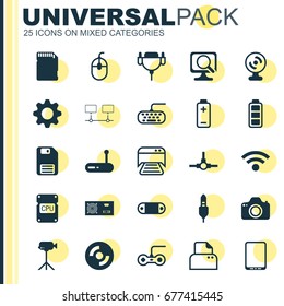 Hardware Icons Set. Collection Of Aux Cord, Router, Wireless And Other Elements. Also Includes Symbols Such As Power, Gear, Scan.