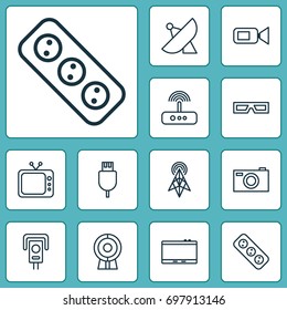 Hardware Icons Set. Collection Of Broadcast, Cctv, Universal Serial Bus And Other Elements. Also Includes Symbols Such As Spectacles, Radio, 3D.