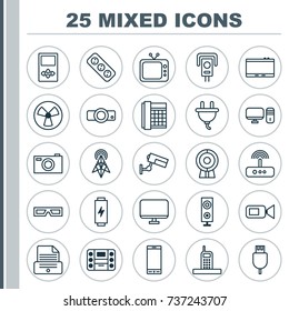 Hardware Icons Set. Collection Of Broadcast, Speaker, Personal Computer And Other Elements. Also Includes Symbols Such As Surveillance, Ventilator, Music.