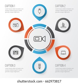 Hardware Icons Set. Collection Of Call, Notebook, Video Camcorder And Other Elements. Also Includes Symbols Such As Telephone, Plug, Loudspeaker.
