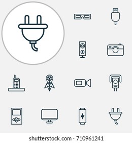 Hardware Icons Set. Collection Of Call, Photo Apparatus, Charge And Other Elements. Also Includes Symbols Such As Spectacles, Music, Call.