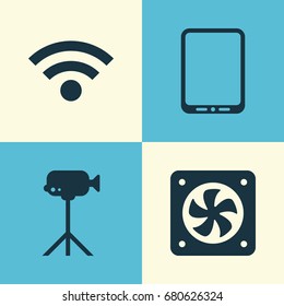 Hardware Icons Set. Collection Of Camcorder, Computer Ventilation, Cellphone And Other Elements. Also Includes Symbols Such As Connectivity, Tablet, Smartphone.