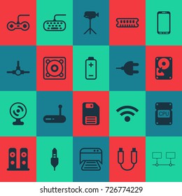 Hardware Icons Set. Collection Of Camcorder, Portable Memory, Hdd And Other Elements. Also Includes Symbols Such As Aux, Movie, Dynamic.