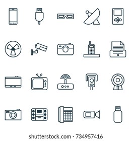 Hardware Icons Set. Collection Of Camcorder, Ventilator, Antenna And Other Elements. Also Includes Symbols Such As Camera, Tv, Display.