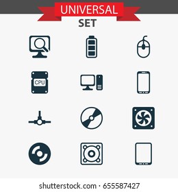 Hardware Icons Set. Collection Of Cd-Rom, Computer Ventilation, Blank Cd And Other Elements. Also Includes Symbols Such As Fan, Laptop, Bass.