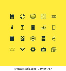 Hardware Icons Set. Collection Of Cd-Rom, Cpu, Chip And Other Elements. Also Includes Symbols Such As Bass, Connection, Dskette.