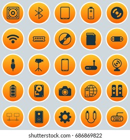 Hardware Icons Set. Collection Of Cellphone, Loudspeakers, Camcorder And Other Elements. Also Includes Symbols Such As Sound, Setting, Internet.
