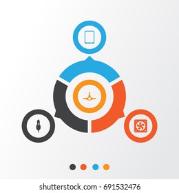 Hardware Icons Set. Collection Of Cellphone, Aux Cord, Computer Ventilation And Other Elements. Also Includes Symbols Such As Network, Distribution, Aux.