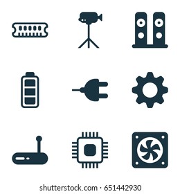 Hardware Icons Set. Collection Of Computer Ventilation, Camcorder, Loudspeakers And Other Elements. Also Includes Symbols Such As Wifi, Dynamic, Connector.