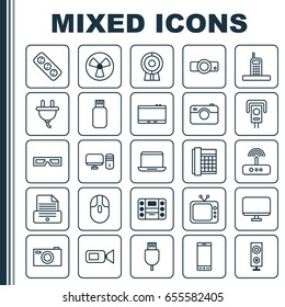 Hardware Icons Set. Collection Of Computer Monitor, Notebook, Security Camera And Other Elements. Also Includes Symbols Such As Television, Music, Slide.