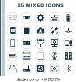 Hardware Icons Set. Collection Of Connected Devices, PC, Computer Keypad And Other Elements. Also Includes Symbols Such As Tablet, Sd, Accumulator.