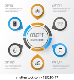Hardware Icons Set. Collection Of Connected Devices, Control Device, Camcorder And Other Elements. Also Includes Symbols Such As Mouse, Keyboard, Keypad.