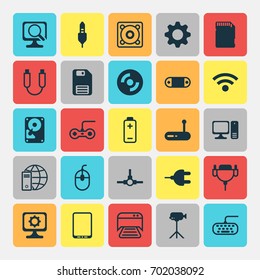 Hardware Icons Set. Collection Of Connector, Blank Cd, Joystick And Other Elements. Also Includes Symbols Such As Gear, Plug, Dskette.