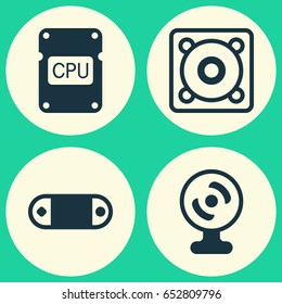 Hardware Icons Set. Collection Of Cpu, Web Camera, Radio Set And Other Elements. Also Includes Symbols Such As Chip, Bass, Camera.