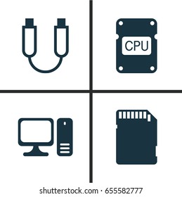 Hardware Icons Set. Collection Of Cpu, Memory Card, Desktop Computer And Other Elements. Also Includes Symbols Such As Chip, Computer, Connection.