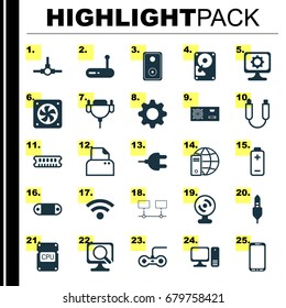 Hardware Icons Set. Collection Of Cpu, Web Camera, File Scanner And Other Elements. Also Includes Symbols Such As Cable, Vga, Plug.