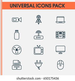 Hardware Icons Set. Collection Of Cursor Mouse, Wireless Router, Boombox And Other Elements. Also Includes Symbols Such As Tv, Notebook, Screen.