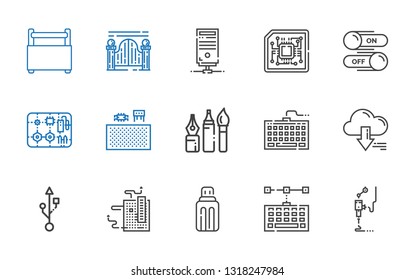 hardware icons set. Collection of hardware with d printer, keyboard, usb, motherboard, server, tools, components, switch, cpu, gateway, toolbox. Editable and scalable hardware icons.