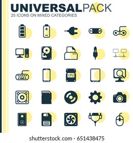 Hardware Icons Set. Collection Of Desktop Computer, File Scanner, Computer Ventilation And Other Elements. Also Includes Symbols Such As Laptop, Floppy, Wireless.
