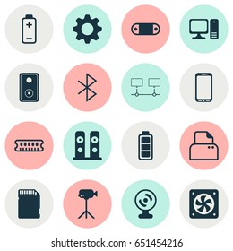 Hardware Icons Set. Collection Of Desktop Computer, Radio Set, Audio Device And Other Elements. Also Includes Symbols Such As Sound, Fan, Gear.