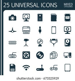 Hardware Icons Set. Collection Of Desktop Computer, Network Structure, Printed Document And Other Elements. Also Includes Symbols Such As Speaker, Cpu, Cooler.