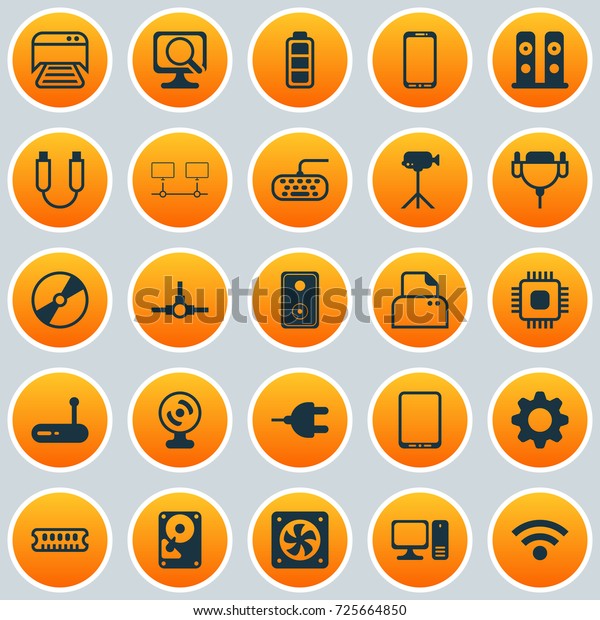 Hardware Icons Set. Collection Of\
Desktop Computer, Cd-Rom, Computer Ventilation And Other Elements.\
Also Includes Symbols Such As Tablet, Dynamic,\
Phone.