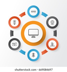 Hardware Icons Set. Collection Of Digital Camera, Computer Monitor, Wireless Router And Other Elements. Also Includes Symbols Such As Phone, Radio, 3D.