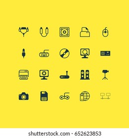 Hardware Icons Set. Collection Of Diskette, Connected Devices, Joystick And Other Elements. Also Includes Symbols Such As Wifi, Modem, Internet.