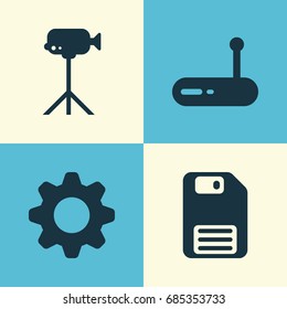 Hardware Icons Set. Collection Of Diskette, Camcorder, Router And Other Elements. Also Includes Symbols Such As Mechanism, Floppy, Gear.